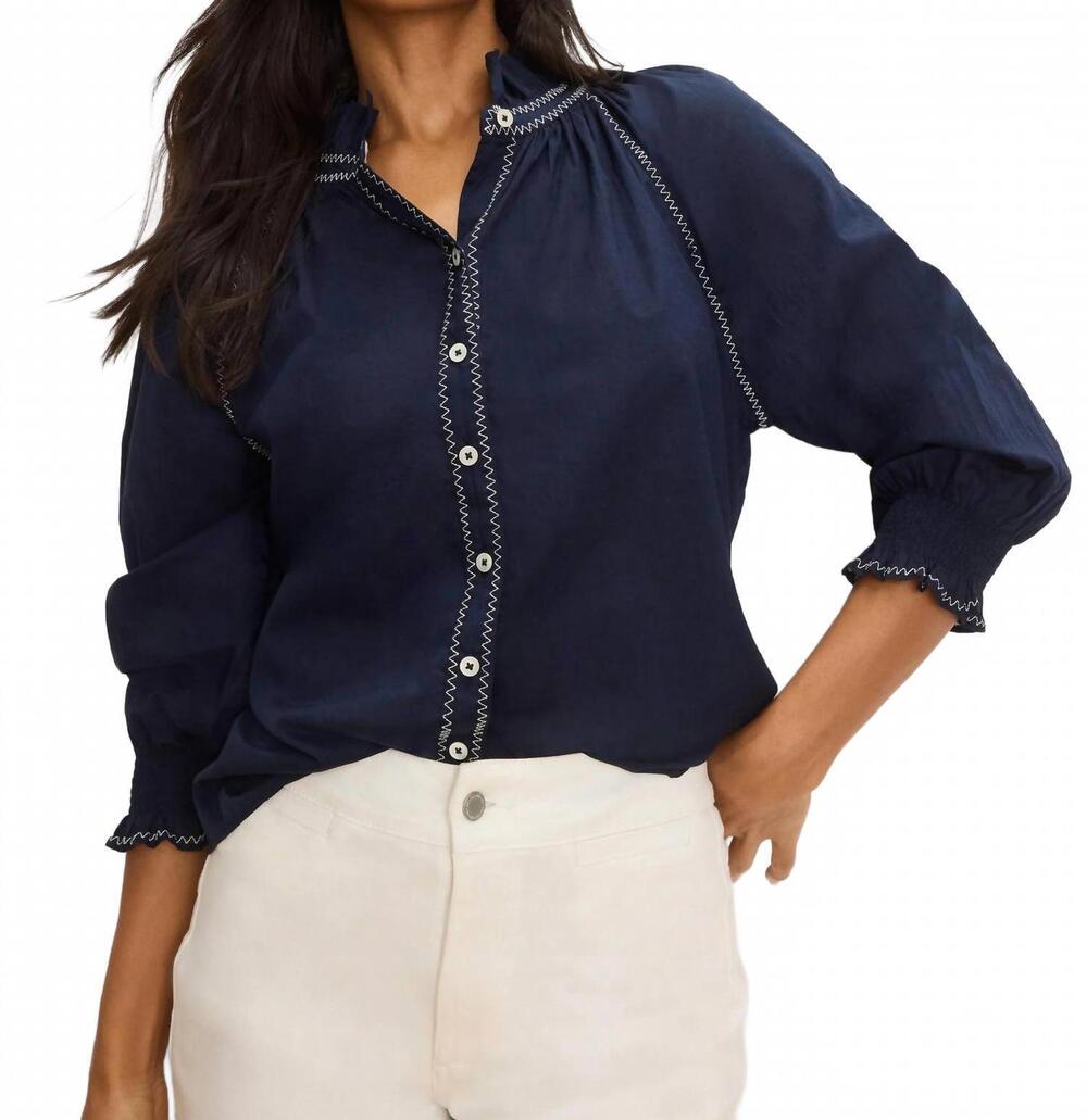 NEW NIC + ZOE zig zag stitch cotton crinkle blouse in navy